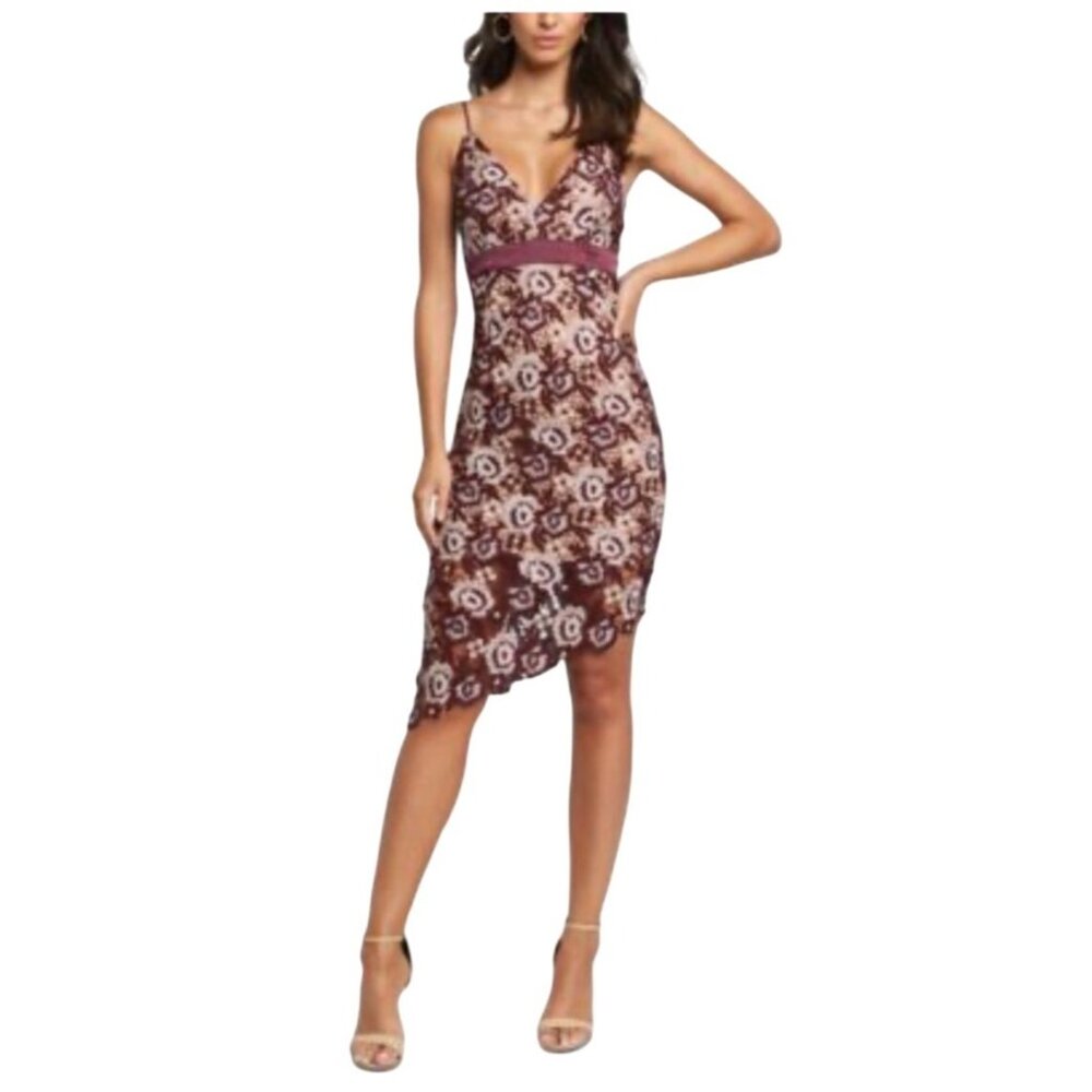 Bardot Lace Asymmetrical Babydoll Midi Dress Size S NWT Floral Applique Burgundy